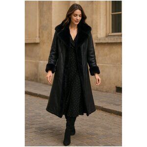 Vintage Excelled Coat Large Black Leather Long Reversible Faux Fur Lined Evening